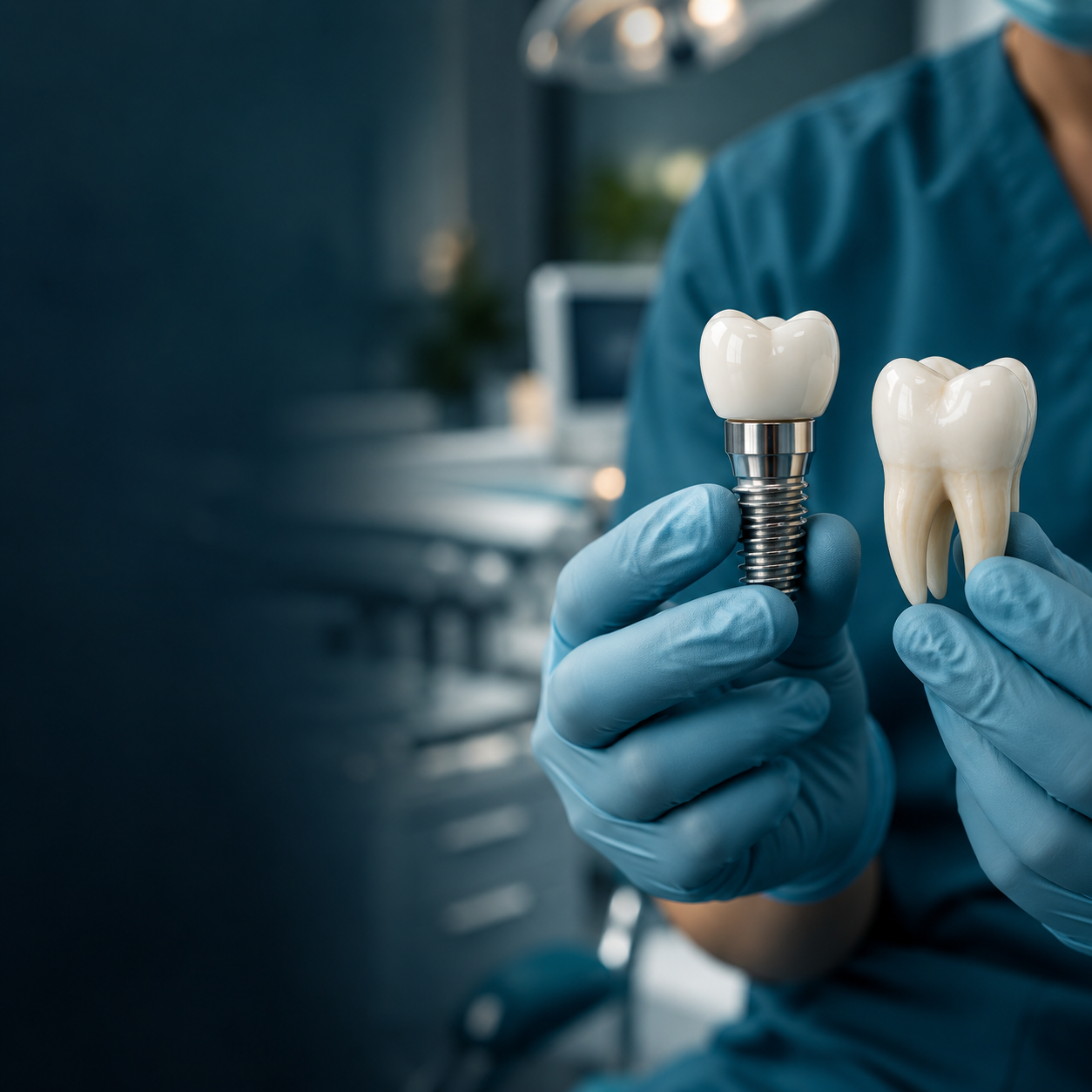 Roke v rokavicah držijo model zoba in zobni implantat